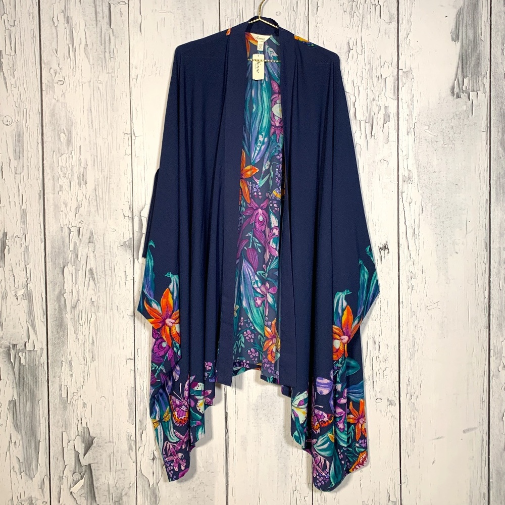 SOMA Chiffon Wrap in Exotic Floral Border Navy NWT
